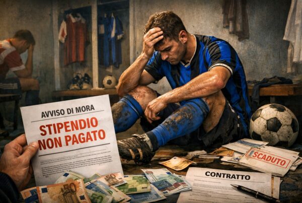 Calciatore seduto negli spogliatoi con la testa tra le mani, circondato da documenti e banconote, simbolo dei casi di stipendi non pagati nel calcio professionistico che rappresenta un articolo che parla di stipendi non pagati calciatori