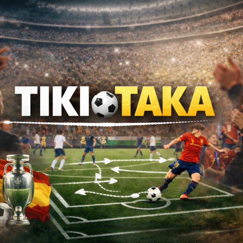 Grafica sul tiki taka: schema di passaggi, possesso palla e stadio, con figure che richiamano i grandi protagonisti simbolo di questo stile di gioco.