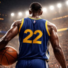 Anthony Morrow di spalle in campo NBA mentre tiene un pallone da basket sotto le luci dell’arena, illustrazione digitale iperrealistica stile 3D render.