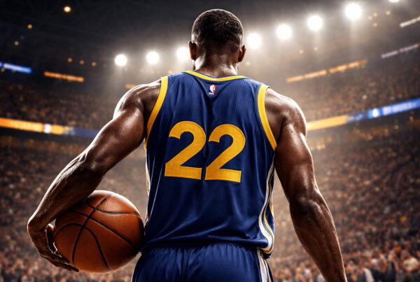 Anthony Morrow di spalle in campo NBA mentre tiene un pallone da basket sotto le luci dell’arena, illustrazione digitale iperrealistica stile 3D render.