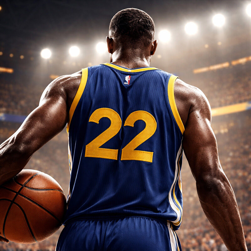 Anthony Morrow di spalle in campo NBA mentre tiene un pallone da basket sotto le luci dell’arena, illustrazione digitale iperrealistica stile 3D render.