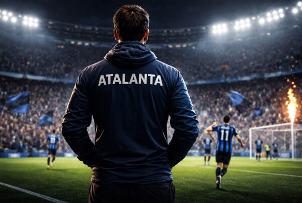 Allenatore dell’Atalanta di Palladino di spalle a bordo campo durante una partita serale in uno stadio gremito, stile digitale iperrealistico 3D.