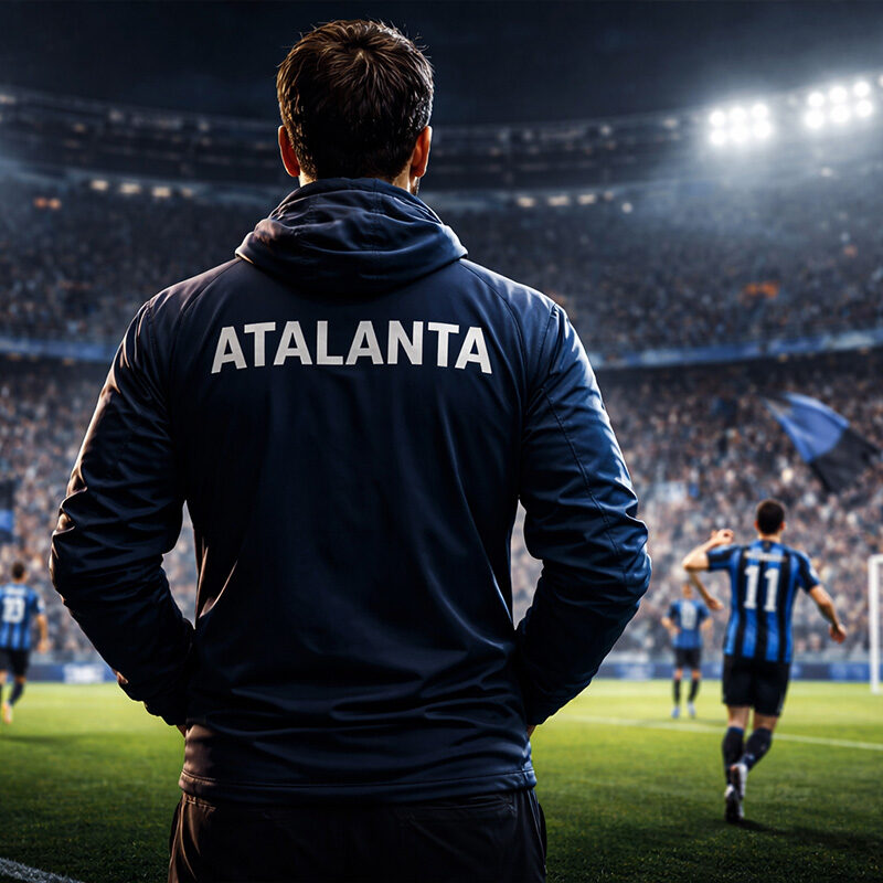 Allenatore dell’Atalanta di Palladino di spalle a bordo campo durante una partita serale in uno stadio gremito, stile digitale iperrealistico 3D.