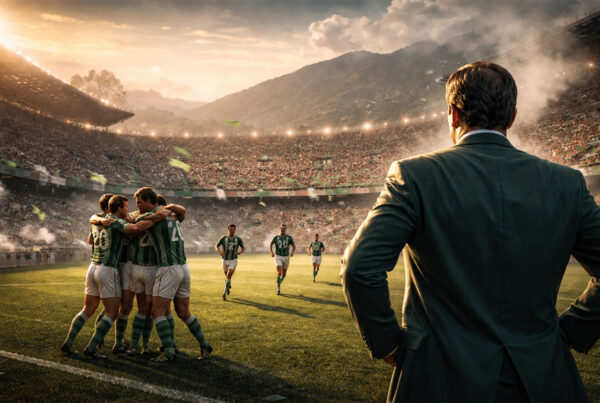 Avellino festeggia un gol al Partenio negli anni 80 con presidente di spalle a bordo campo, scena iperrealistica digitale.