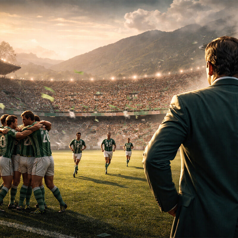 Avellino festeggia un gol al Partenio negli anni 80 con presidente di spalle a bordo campo, scena iperrealistica digitale.