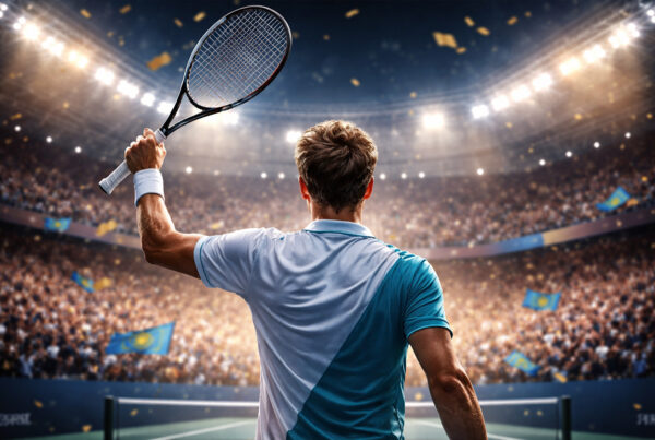 Tennista di spalle celebra la vittoria in uno stadio gremito, simbolo della scalata Bublik Top 10 nel ranking ATP.