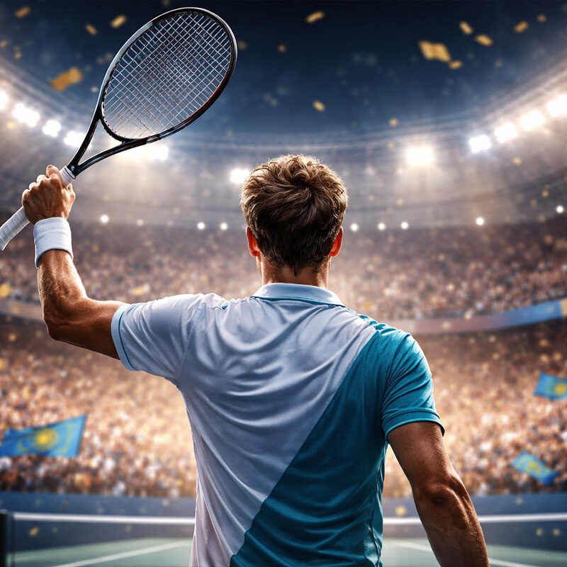 Tennista di spalle celebra la vittoria in uno stadio gremito, simbolo della scalata Bublik Top 10 nel ranking ATP.