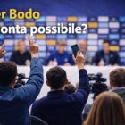 immagine che rappresenta l'articolo Chivu litiga con giornalista norvegese. Giornalisti di spalle con le mani alzate durante una conferenza stampa, con la scritta “Inter Bodo Rimonta possibile?” in alto sull’immagine.