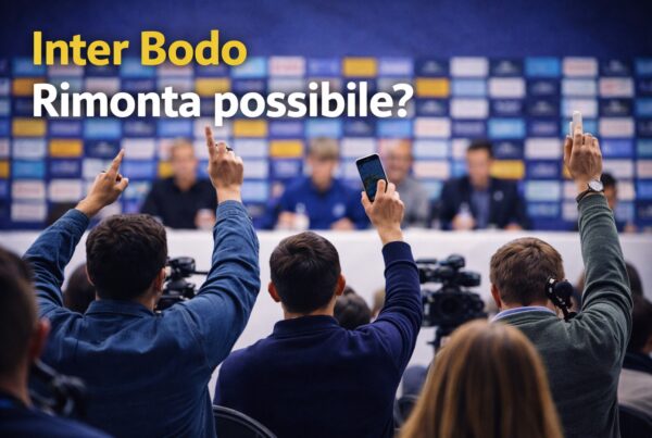 immagine che rappresenta l'articolo Chivu litiga con giornalista norvegese. Giornalisti di spalle con le mani alzate durante una conferenza stampa, con la scritta “Inter Bodo Rimonta possibile?” in alto sull’immagine.