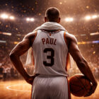 Chris Paul ritiro NBA, giocatore di basket di spalle in arena illuminata con pallone in mano, illustrazione digitale iperrealistica 3D stile cinematografico.