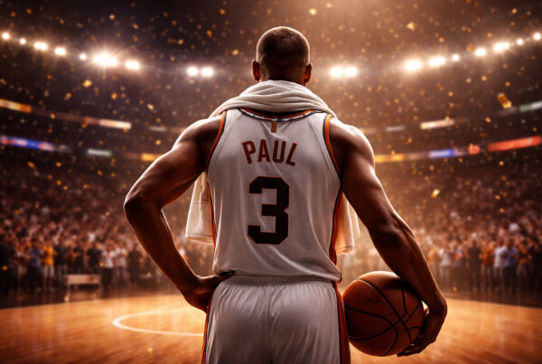 Chris Paul ritiro NBA, giocatore di basket di spalle in arena illuminata con pallone in mano, illustrazione digitale iperrealistica 3D stile cinematografico.