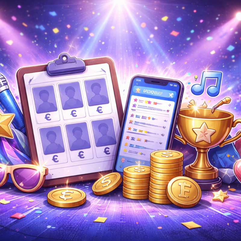 Come funziona il FantaSanremo: illustrazione con palco illuminato, smartphone, trofeo e simboli musicali