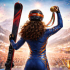 Atleta di sci alpino di spalle con capelli ricci mentre celebra una vittoria olimpica sulle montagne innevate, rappresentazione simbolica del marchio Brignone.