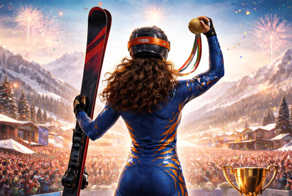 Atleta di sci alpino di spalle con capelli ricci mentre celebra una vittoria olimpica sulle montagne innevate, rappresentazione simbolica del marchio Brignone.
