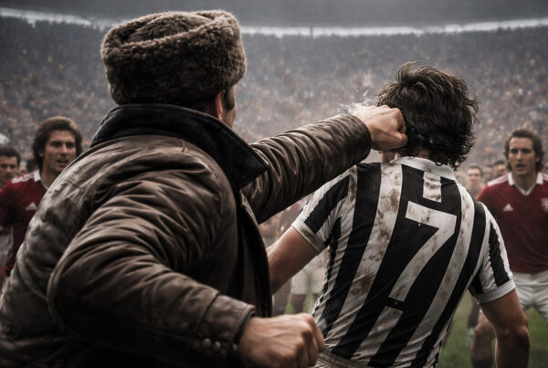 Pugno Giagnoni-Causio durante il derby Juve-Toro del 1973, scena iperrealistica con allenatore di spalle che colpisce il giocatore bianconero in campo
