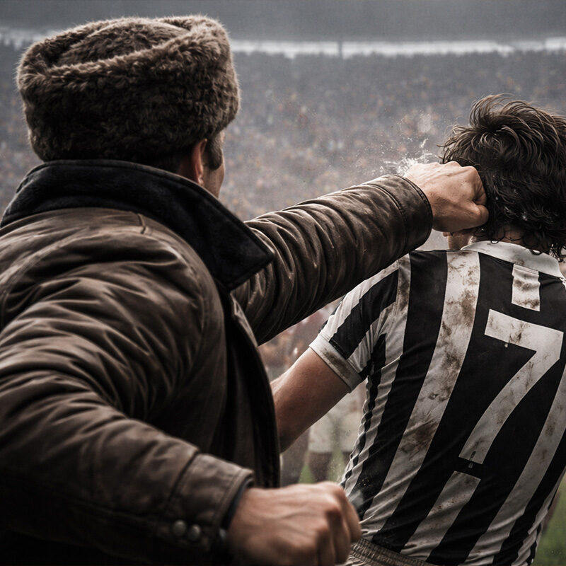 Pugno Giagnoni-Causio durante il derby Juve-Toro del 1973, scena iperrealistica con allenatore di spalle che colpisce il giocatore bianconero in campo