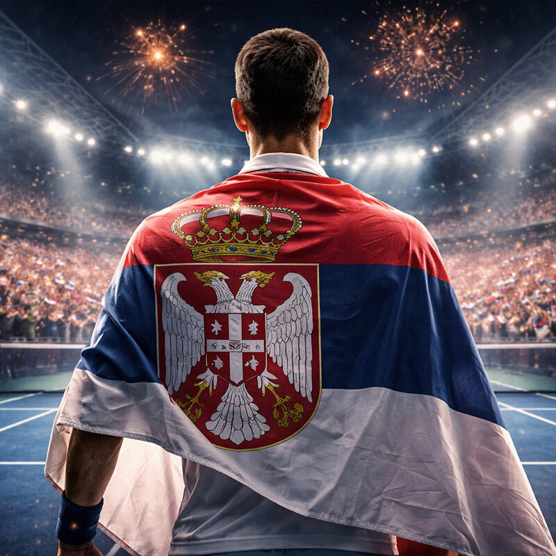 Tennista di spalle su un campo illuminato con bandiera serba sulle spalle, simbolo del legame tra sport e Djokovic politica