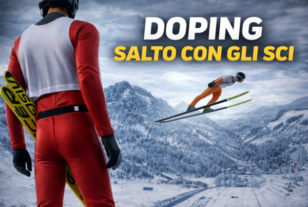 Doping Salto con gli sci: atleta di spalle con gli sci mentre un saltatore vola sulle montagne innevate