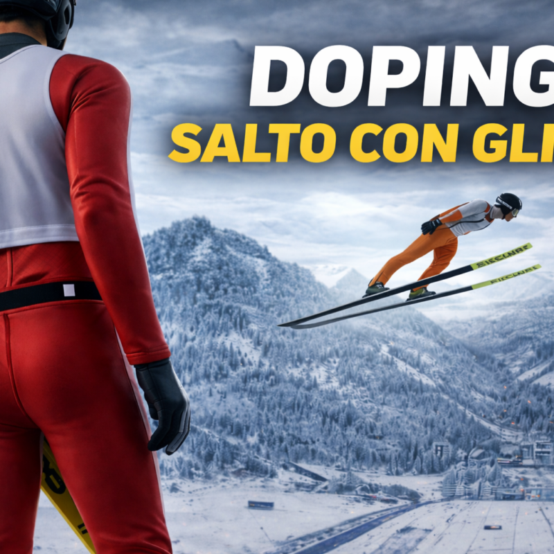 Doping Salto con gli sci: atleta di spalle con gli sci mentre un saltatore vola sulle montagne innevate