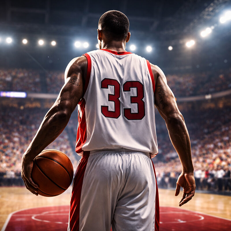 Giocatore di basket di spalle su un parquet NBA illuminato, immagine simbolica della carriera di Eddie Griffin