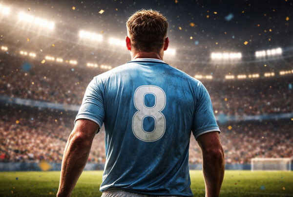 Gazza di spalle in uno stadio illuminato, illustrazione digitale 3D iperrealistica con atmosfera cinematografica