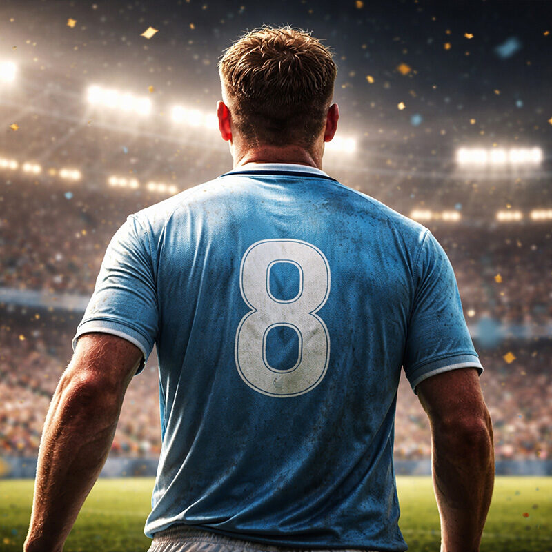 Gazza di spalle in uno stadio illuminato, illustrazione digitale 3D iperrealistica con atmosfera cinematografica