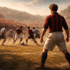 Genoa-Milan 1901, scena iperrealistica della finale del 5 maggio 1901 con calciatore rossonero di spalle in campo a Ponte Carrega