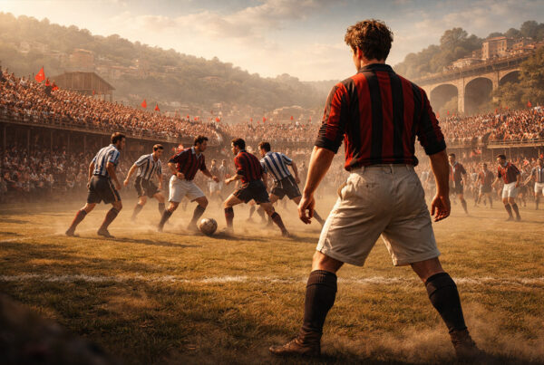 Genoa-Milan 1901, scena iperrealistica della finale del 5 maggio 1901 con calciatore rossonero di spalle in campo a Ponte Carrega