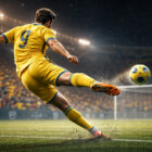 Gol di tacco realizzato da un attaccante di spalle in area di rigore durante una partita serale, con tiro di tacco in volo verso la porta in stile digitale iperrealistico