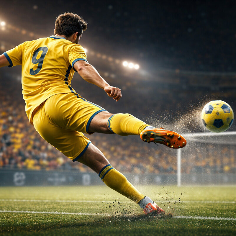 Gol di tacco realizzato da un attaccante di spalle in area di rigore durante una partita serale, con tiro di tacco in volo verso la porta in stile digitale iperrealistico