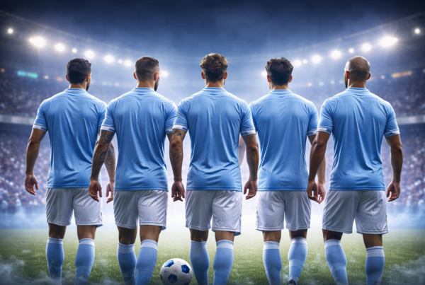 I giocatori in scadenza della Lazio: calciatori di spalle in campo sotto le luci dello stadio