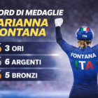 Record di medaglie di Arianna Fontana: l’atleta azzurra di spalle con le braccia alzate dopo una gara olimpica di short track