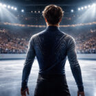 Ilia Malinin di spalle sul ghiaccio olimpico sotto i riflettori durante una gara di pattinaggio artistico