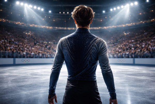 Ilia Malinin di spalle sul ghiaccio olimpico sotto i riflettori durante una gara di pattinaggio artistico