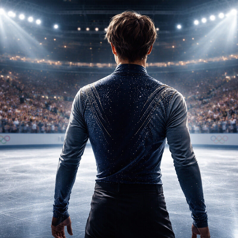 Ilia Malinin di spalle sul ghiaccio olimpico sotto i riflettori durante una gara di pattinaggio artistico
