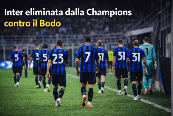 Giocatori dell’Inter in maglia nerazzurra ripresi di spalle mentre lasciano il campo verso il tunnel degli spogliatoi, con il titolo Inter eliminata dalla Champions contro il Bodo in alto.