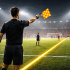 Arbitro di spalle che segnala un fuorigioco durante una partita di calcio illuminata dai riflettori