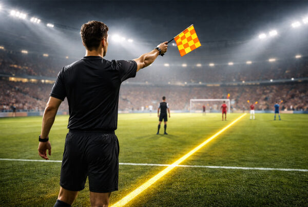 Arbitro di spalle che segnala un fuorigioco durante una partita di calcio illuminata dai riflettori
