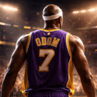 Lamar Odom di spalle in maglia Lakers durante una partita NBA in un’arena illuminata, illustrazione digitale iperrealistica 3D