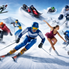 Atleti impegnati in diverse discipline delle Olimpiadi invernali su neve e ghiaccio, tra sci, snowboard, pattinaggio e sport di slitta.