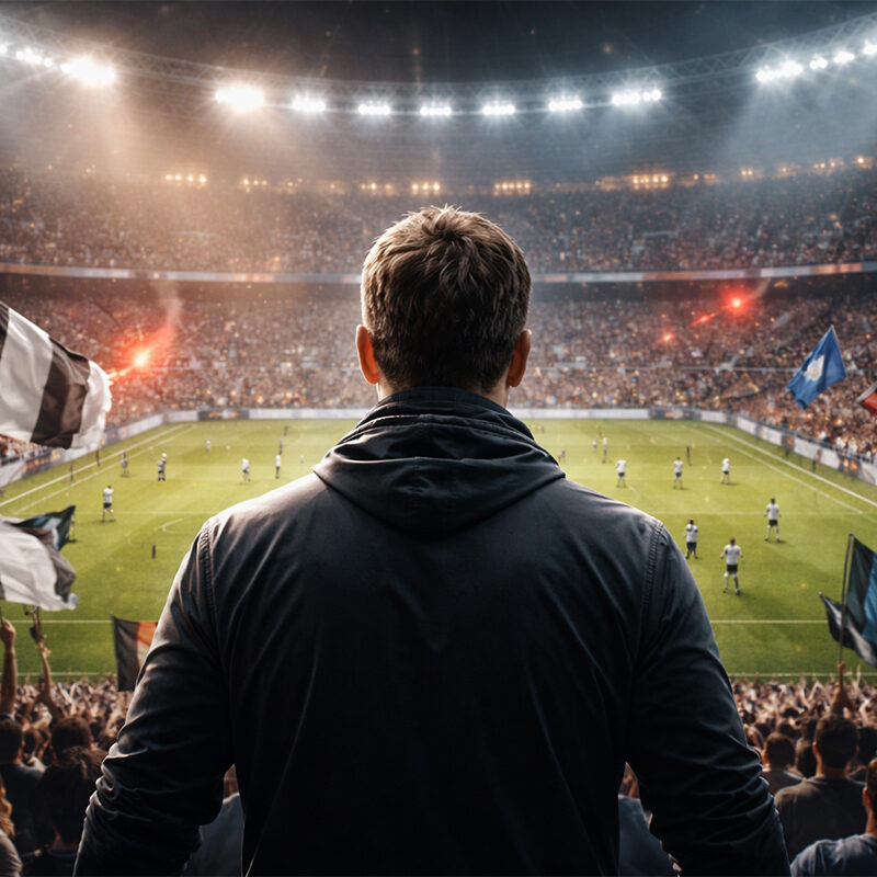Figura di spalle in uno stadio di Serie A durante una partita decisiva, scena simbolica dell’analisi di Massimo Mauro Serie A tra scudetto e Champions.