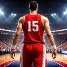 Michael Ri di spalle con maglia rossa numero 15 su un campo illuminato, illustrazione digitale iperrealistica in stile 3D render