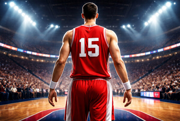 Michael Ri di spalle con maglia rossa numero 15 su un campo illuminato, illustrazione digitale iperrealistica in stile 3D render