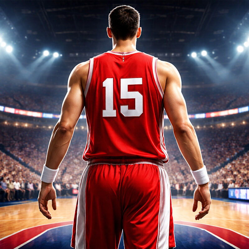 Michael Ri di spalle con maglia rossa numero 15 su un campo illuminato, illustrazione digitale iperrealistica in stile 3D render