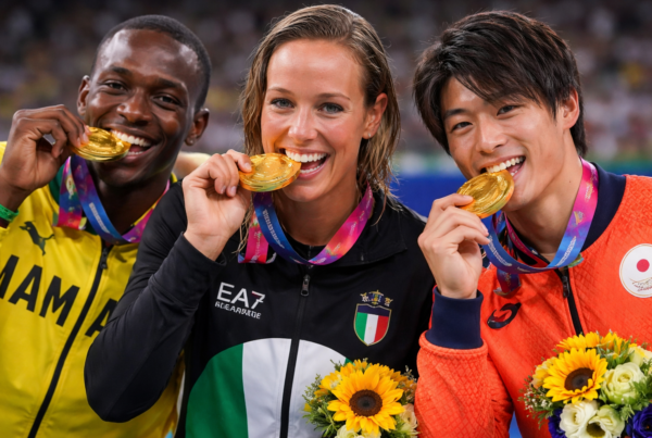 Perché gli atleti mordono le medaglie: tre campioni sul podio mordono l’oro sorridendo.