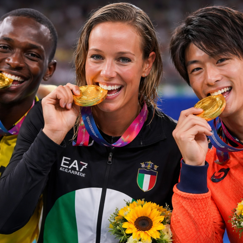 Perché gli atleti mordono le medaglie: tre campioni sul podio mordono l’oro sorridendo.