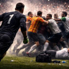 Rissa Messina-Venezia illustrata in stile realistico 3D con portiere di spalle che corre verso una rissa in campo durante una partita di Serie B