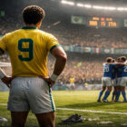 Serginho Chulapa di spalle durante Brasile-Italia 1982, scena iperrealistica in stadio con giocatori italiani che esultano sullo sfondo