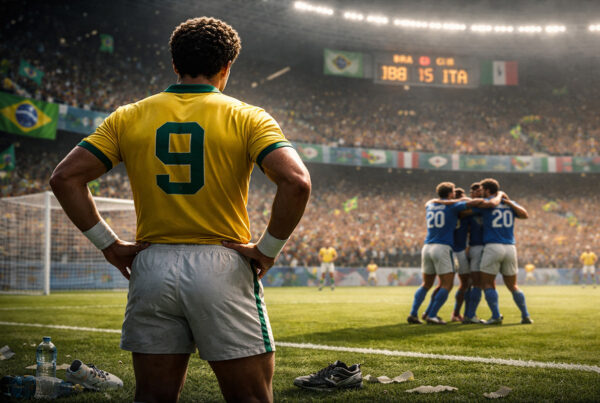 Serginho Chulapa di spalle durante Brasile-Italia 1982, scena iperrealistica in stadio con giocatori italiani che esultano sullo sfondo
