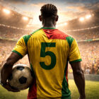 Tchangai di spalle in uno stadio pieno di tifosi, con la maglia numero 5 della Nazionale del Togo, prima di una partita internazionale